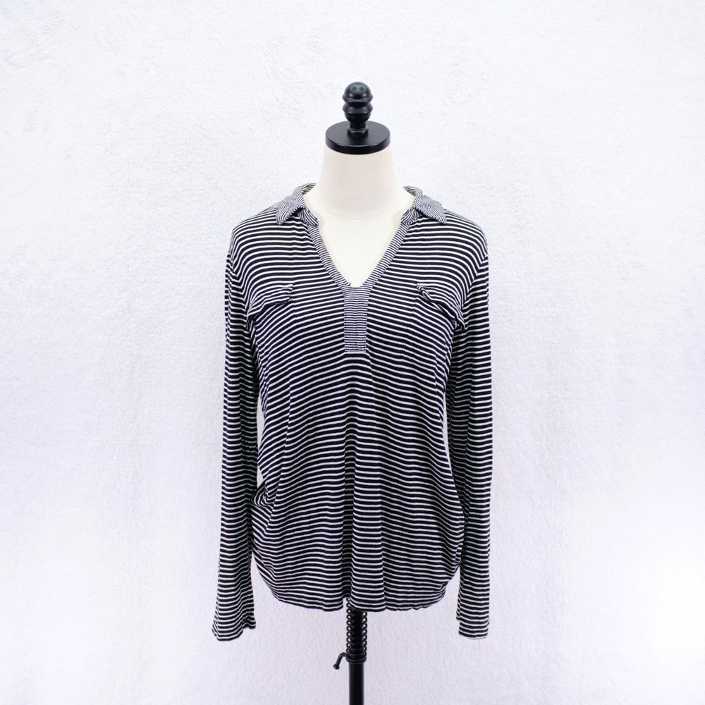 Liz Claiborne -Large- Black White Striped Collared V-Neck Long Sleeve Polo Shirt